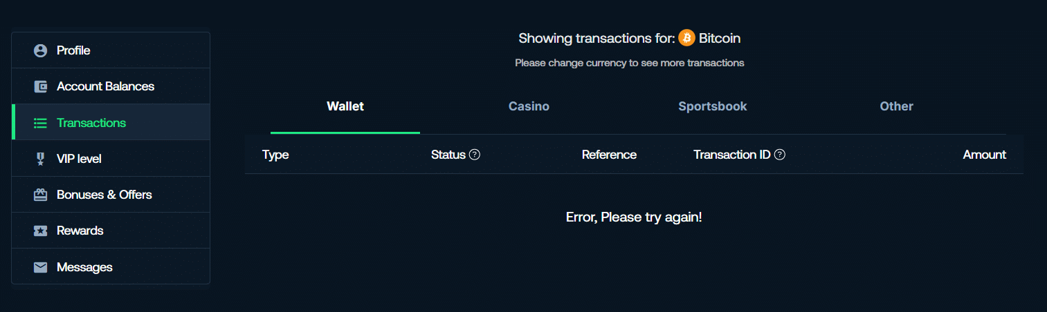 The transaction history tab at BetPanda that gives you detailed records on site coin trasnfers.