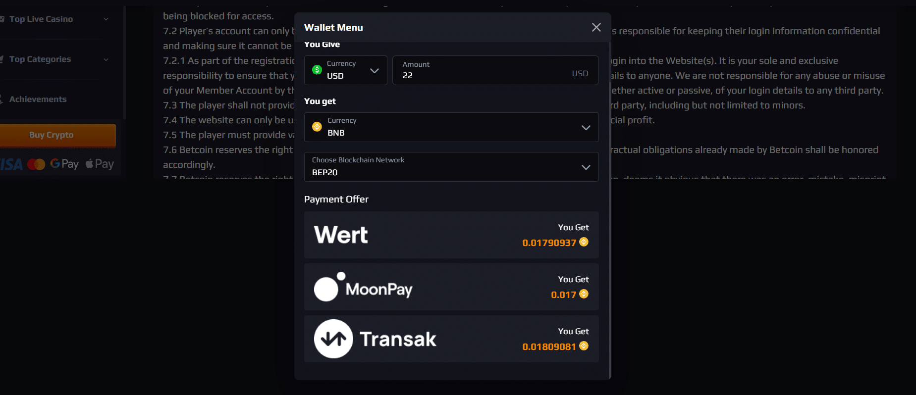 The Buy Crypto option at Betcoin.ag found in the site's payment window. 