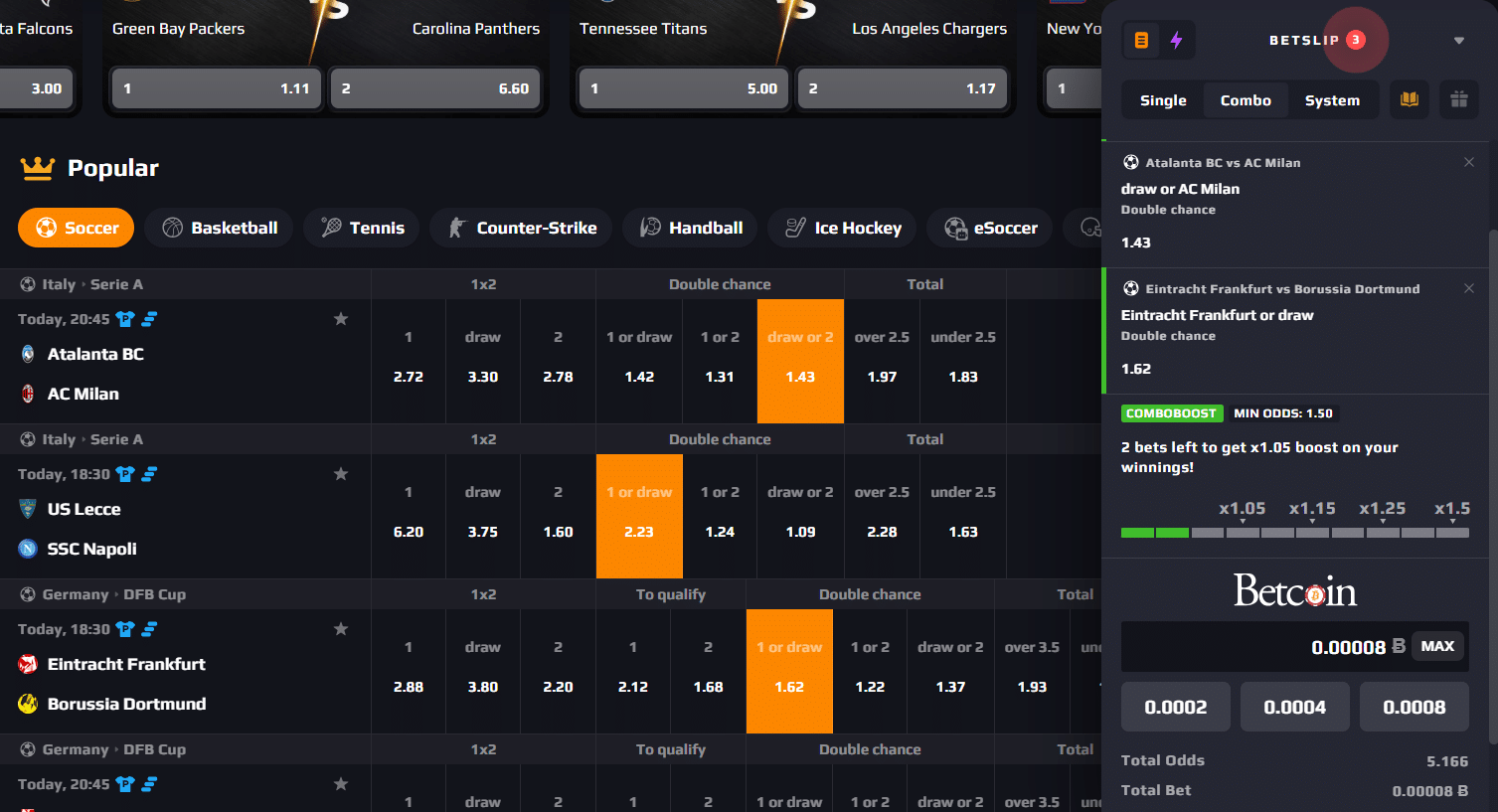 A look at the betting interface at Betcoin.ag powered by BETBY's software.
