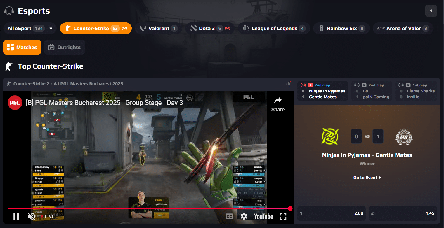 The eSports hub at Betcoin.ag, opened on the counter strike page.