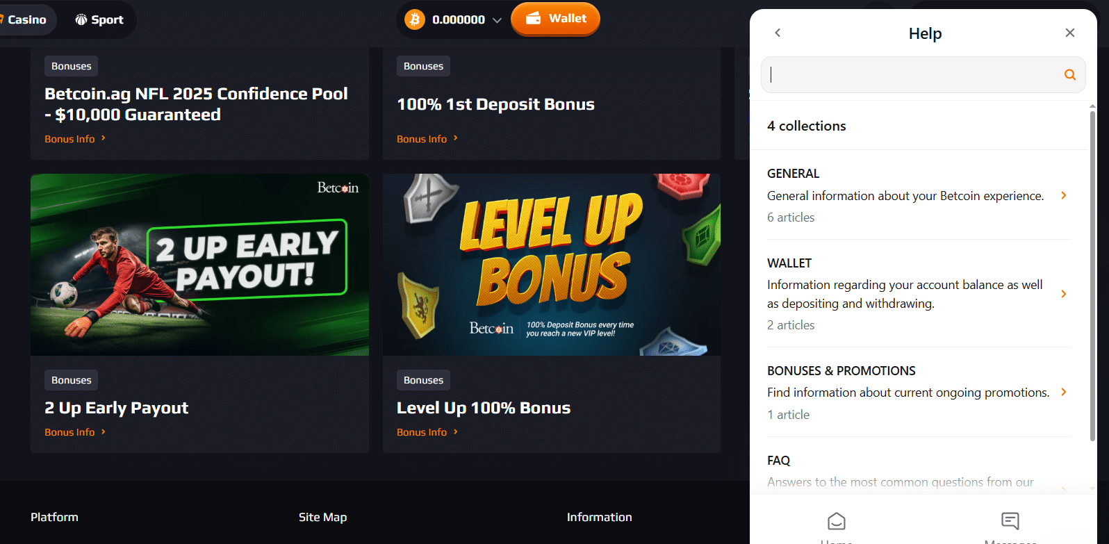 A look at the live window Betcoin help center. 