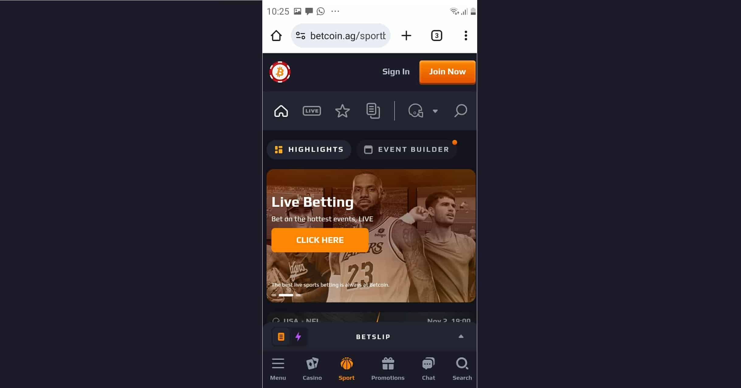 A look at the Betcoin mobile version., the mobile homepage. 