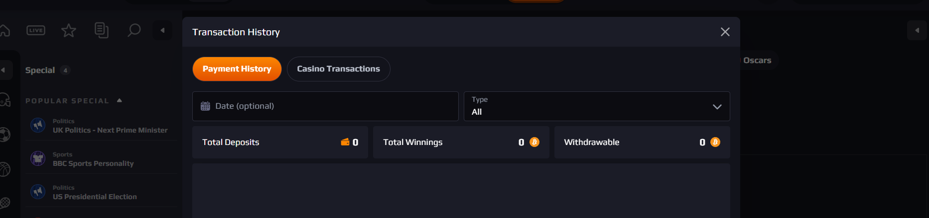 The transaction history window at Betcoin.ag.