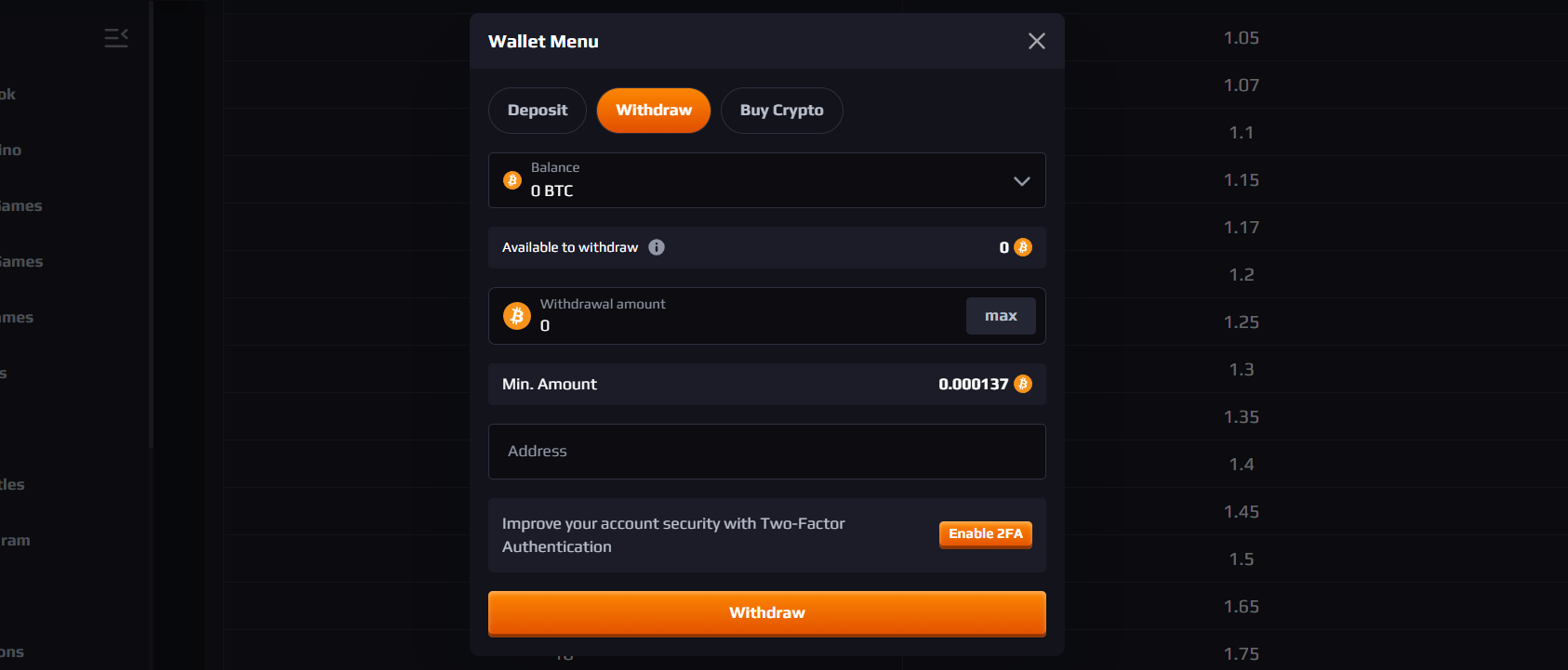 A look at the withdrawal tab in the Betcoin payment window.
