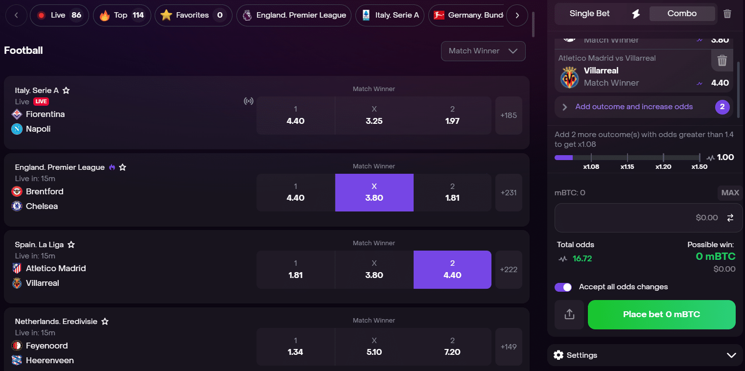 A sample of the betting UI at Dexsport for sports wagering fun, with selection added to the bet slip panel.  