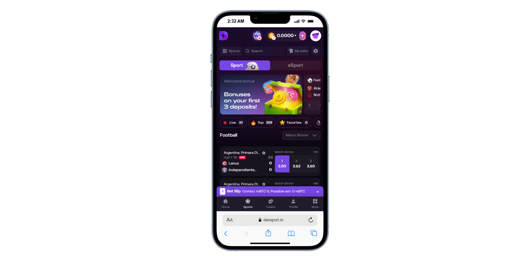 A look at the Dexsport mobile version for betting, viewed in Chrome. 
