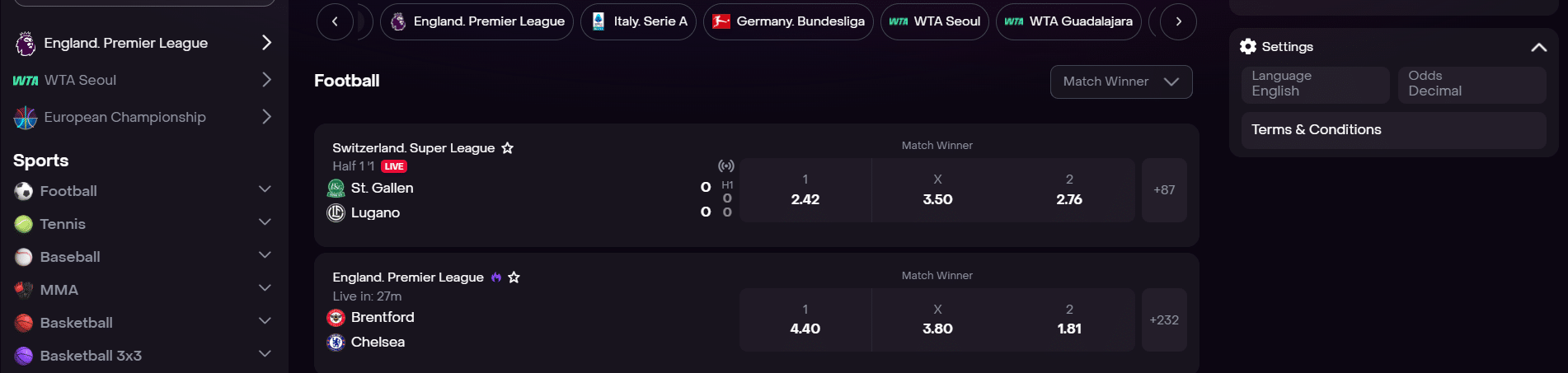 The Dexsport sportsbook with the left-side sports selection menu visible.