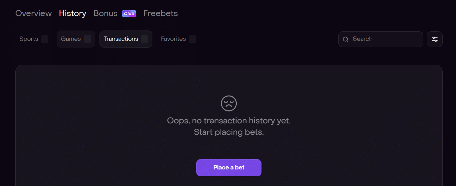 The Dexsport transaction history page within the site profile settings.