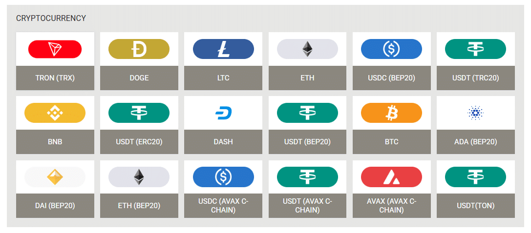 The cryptos accepted at Megapari for depositing. 