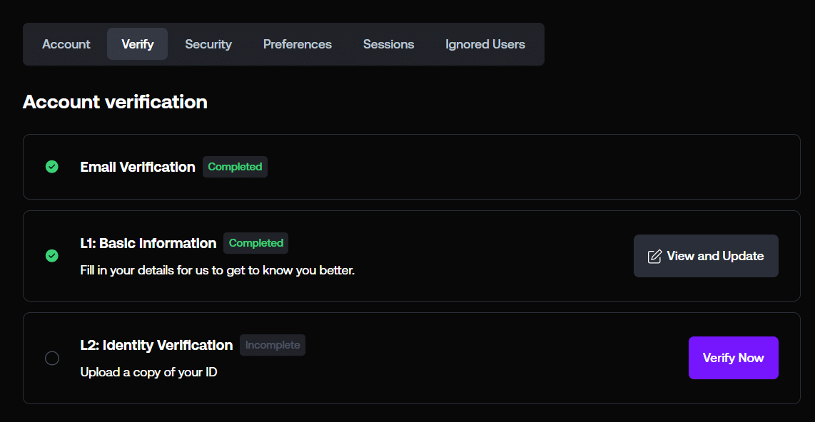The Shuffle KYC page for identity verification. 