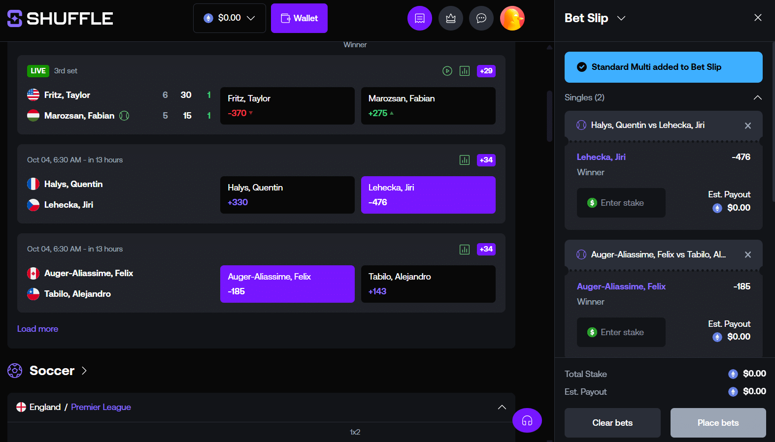 A quick look in the betting interface at Shuffle.com with the bet slip panel featured.