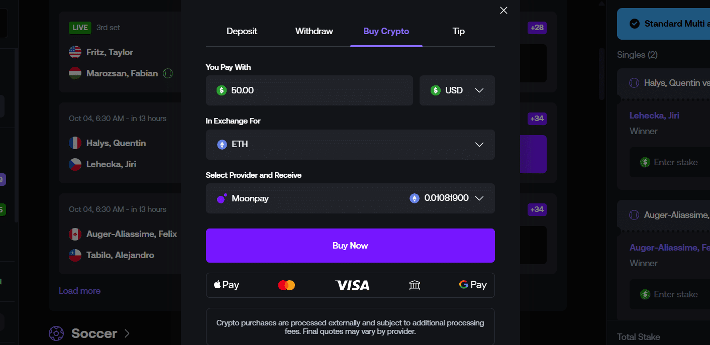 A look at the buy crypto tab in the Shuffle payment window. 