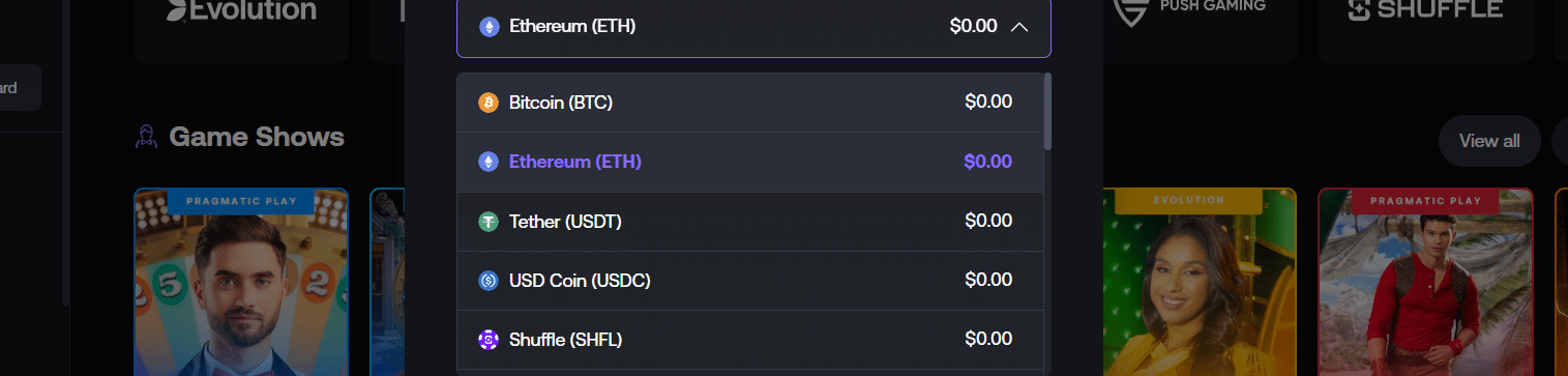 A look at the few cryptos accepted at Shuffle.com.