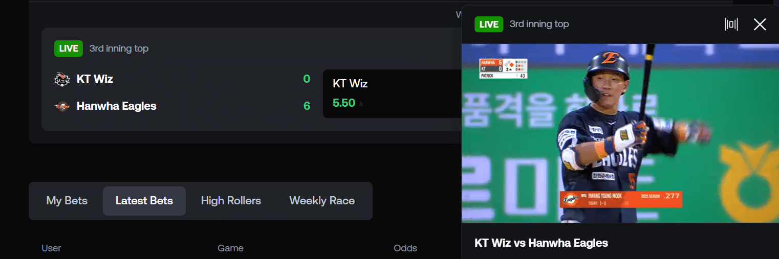 A sample baseball live stream at Shuffle.com.