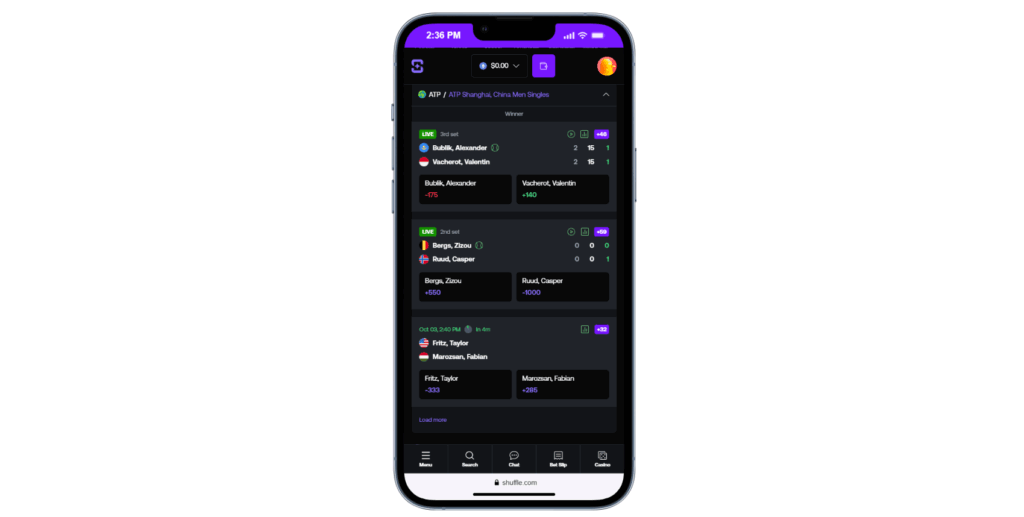 A look at the mobile version of Shuffle.com with the sportsbook - betting page open. 
