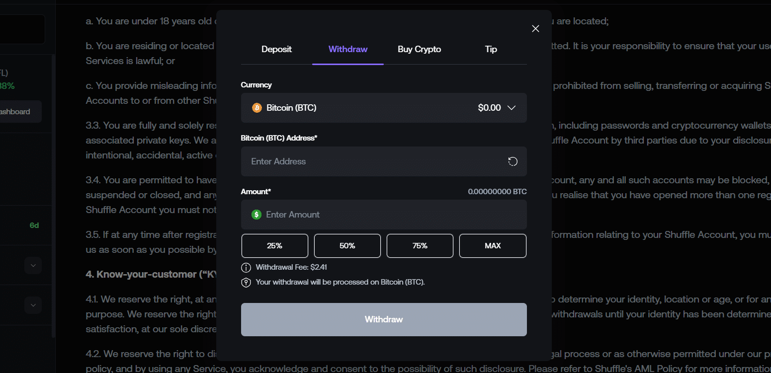 A look at the withdrawal tab in the Shuffle payment window. 
