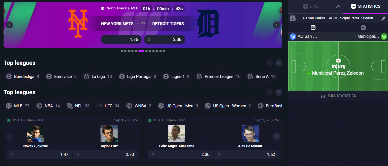 A look at the betting interface at Metaspins.com for betting on sports, with a tennis match featured.