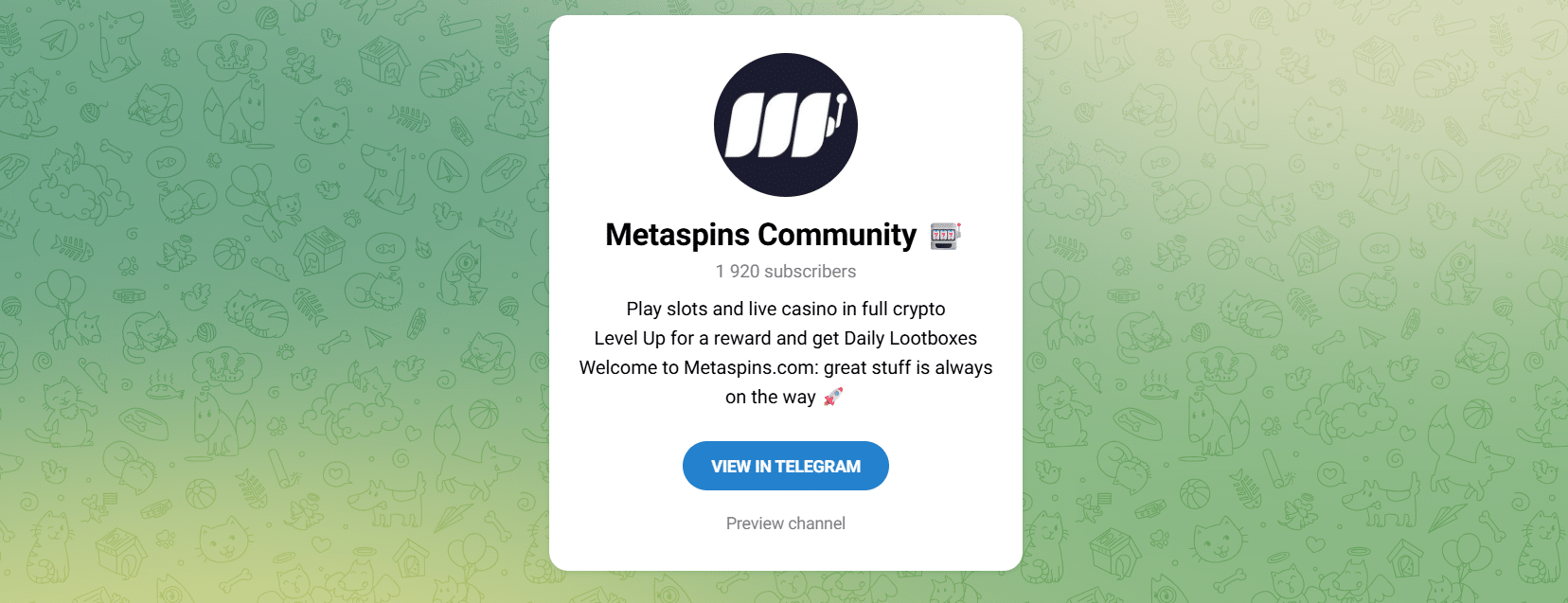 The Metaspins Telegram channel with the subscriber count visible. 