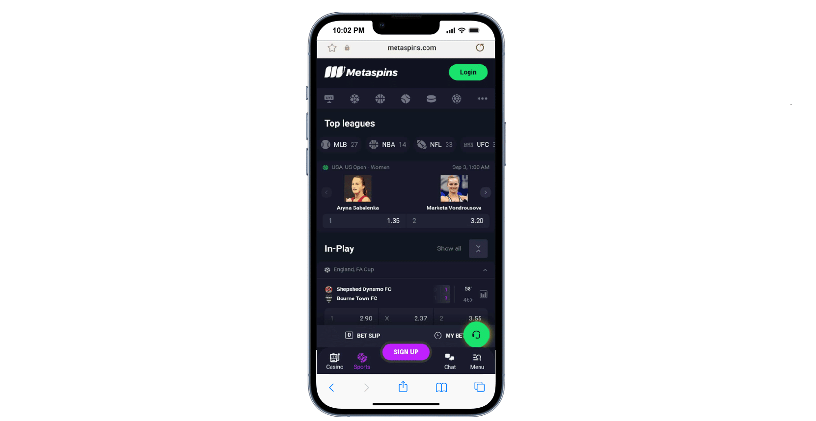 A look at the betting interface of the mobile version of the Metaspins sportsbook. 