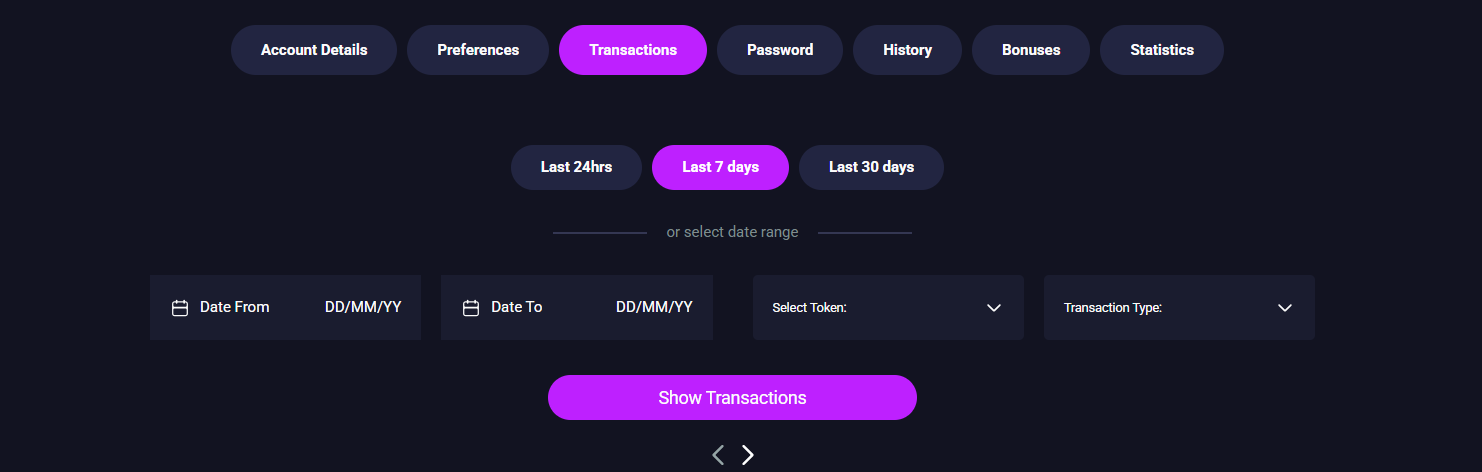 The transaction page at Metaspins offering crypto transfer history records.
