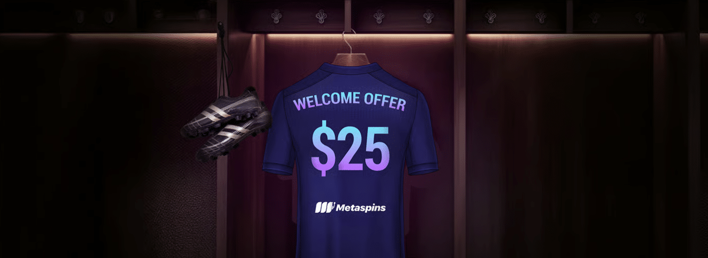 A promo banner for the Metaspins welcome sports bonus that provides a $25 no-risk bet. 