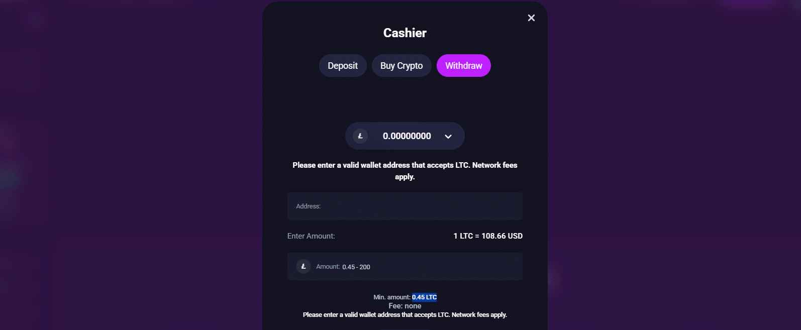 A look at the withdrawal tab in the Metaspins payment window. 