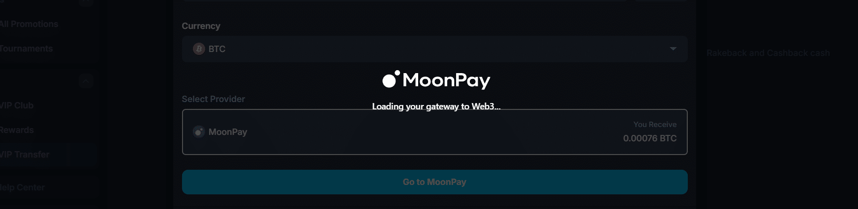 The MoonPay redirection for you to buy cryptos while on CasinoBet