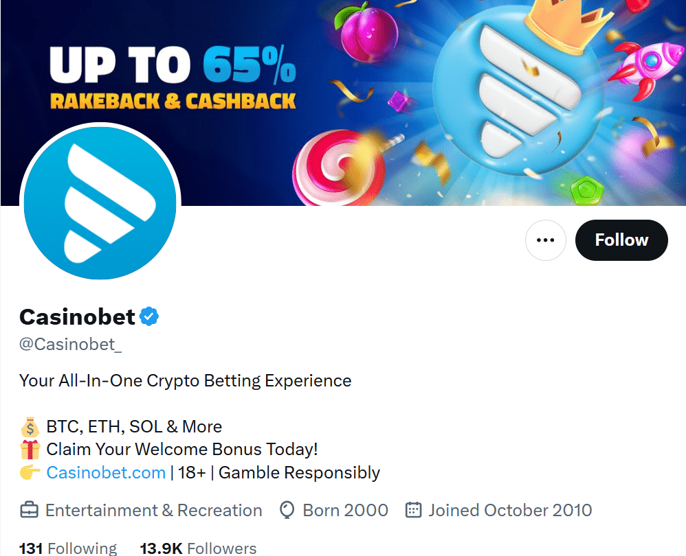 The CasinoBet X official page with the follower count visible. 