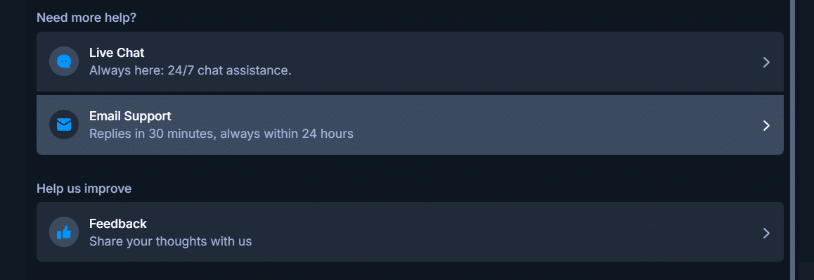 The help options at CasinoBet, the live chat, the email support, and feedback choices