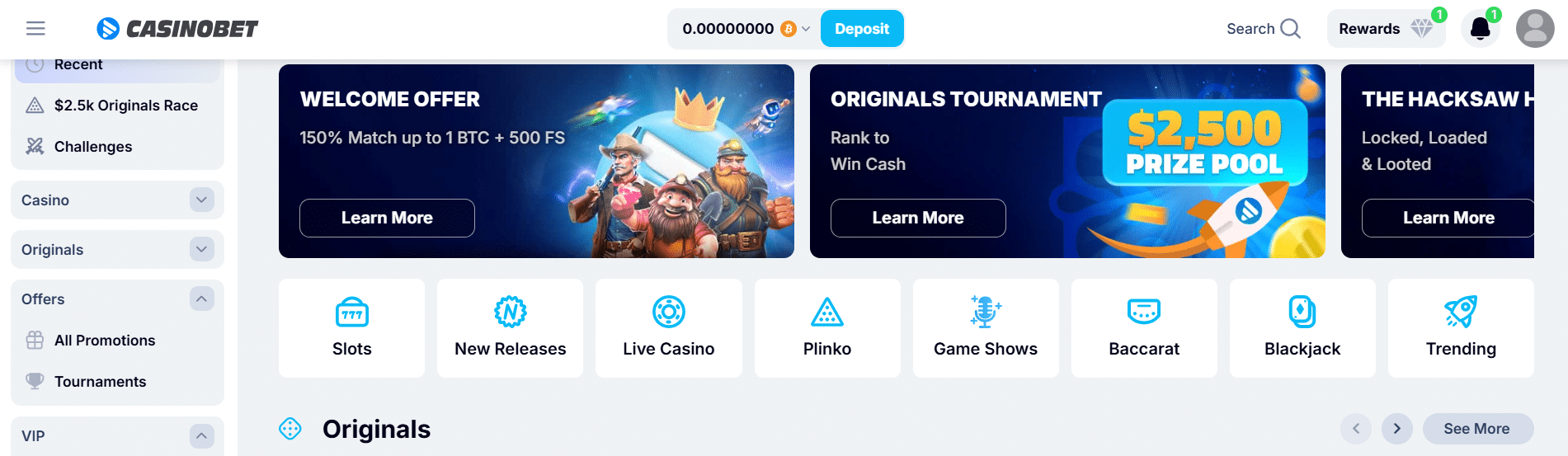 The light theme at CasinoBet crypto casino. 