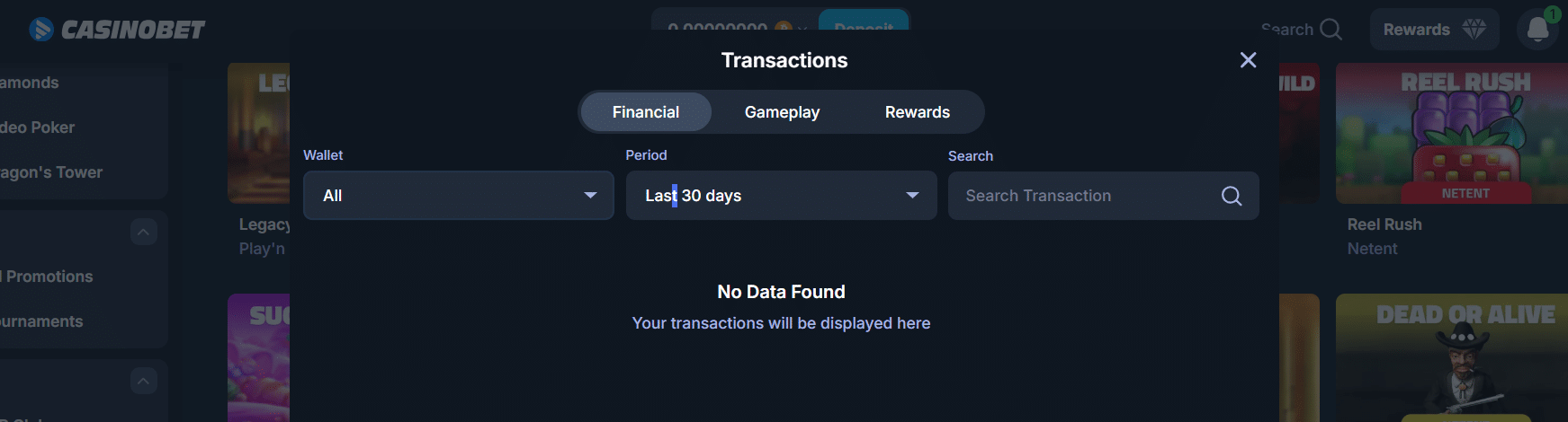 The history window at CasinoBet and its transaction tab which details past deposit/withdrawal user records on this site.