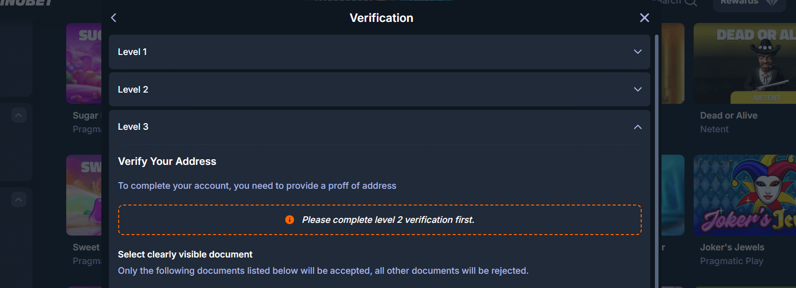 The KYC verification window at CasinoBet with all the KYC verification levels, including proof of address.