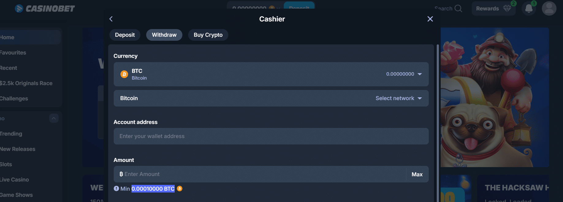 The withdrawal tab at CasinoBet, inside the site's payment window