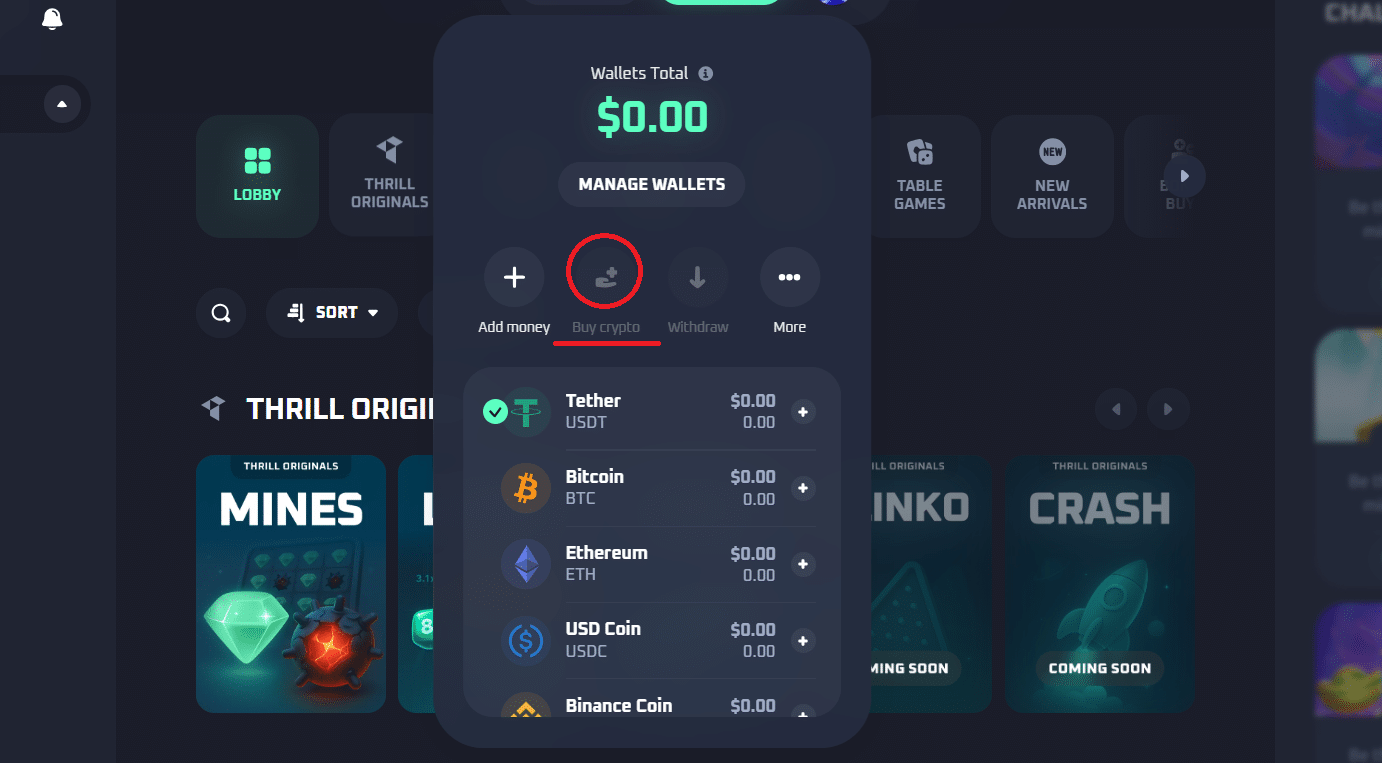 The buy crypto option inside the Thrill crypto sportsbook payment window.