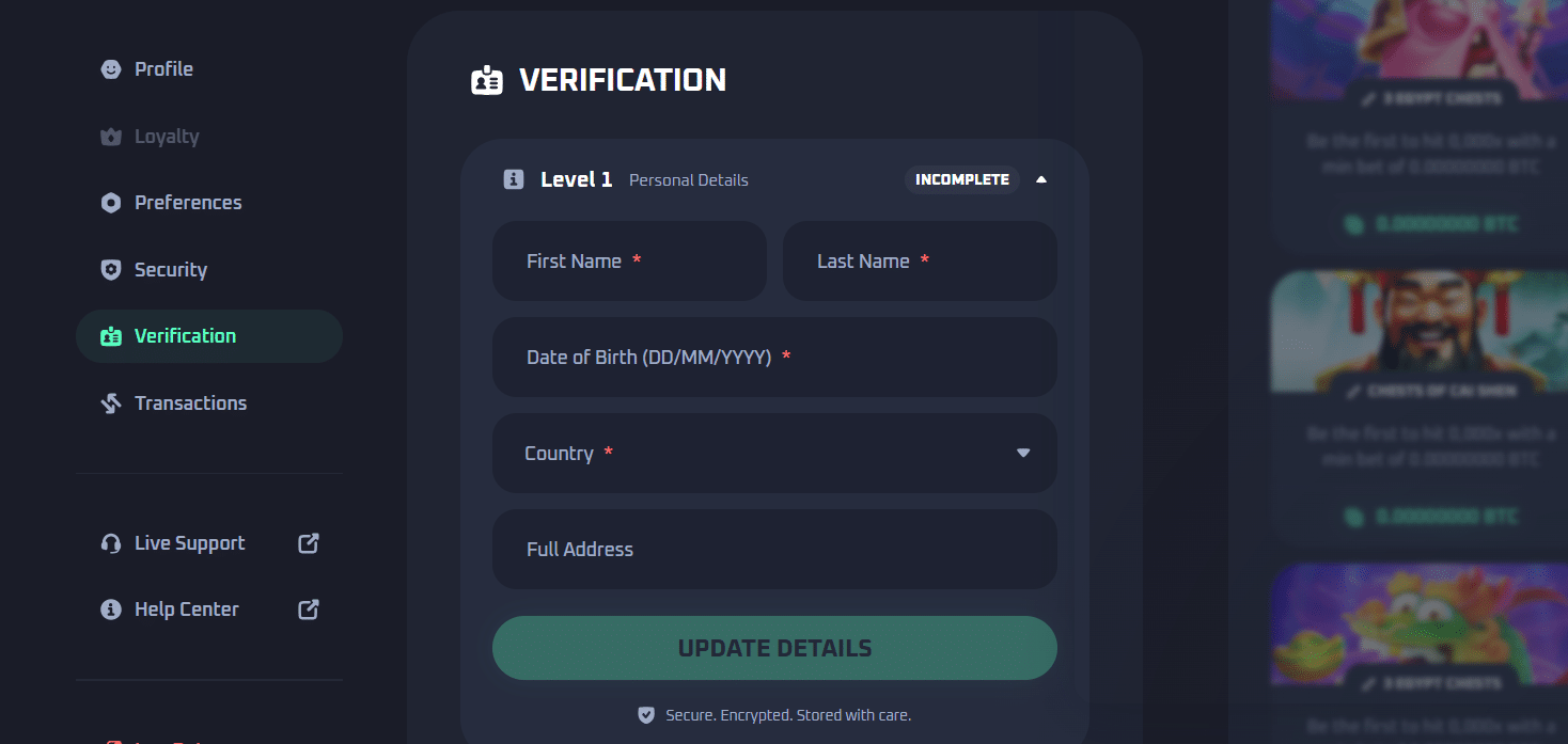 The identity verification form found in the Thrill.com profile page, level 1 of KYC verification.