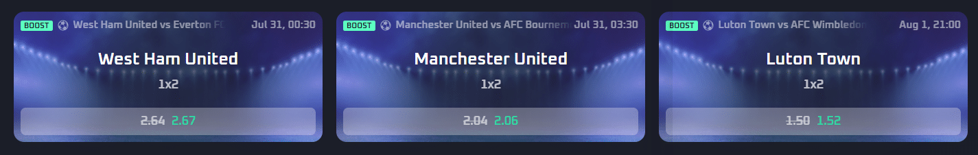 Some odds boosts featured on the Thrill Crypto Sportsbook page.