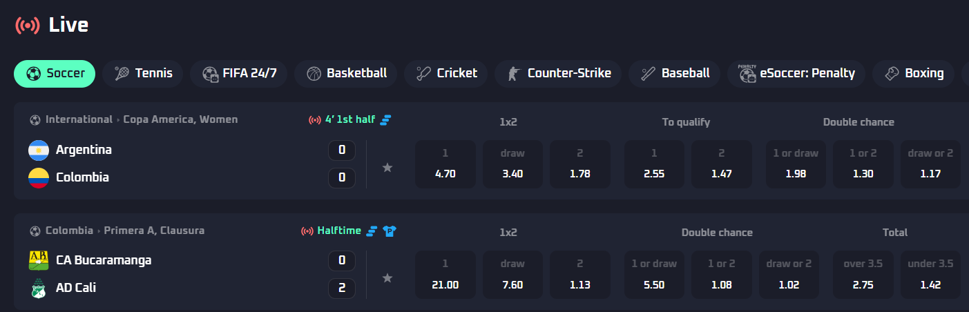 The live betting page at the Thrill sportsbook, the in-play events listed