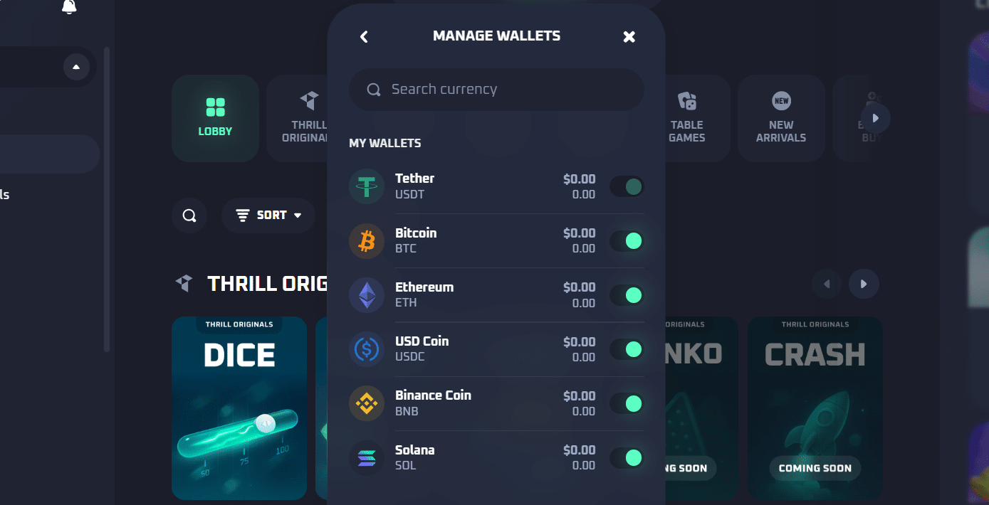The Thrill sportsbook and casino's payment window, its manage wallets tab.