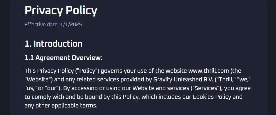 A sample of the Thrill sportsbook privacy policy page, its intro section