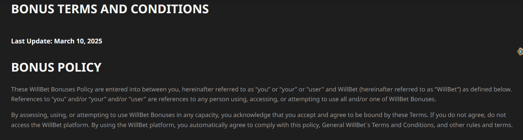 The bonus terms at WillBet, the starting section of this page