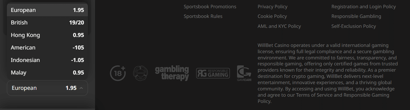 The available odds formats at WillBet crypto sportsbook.