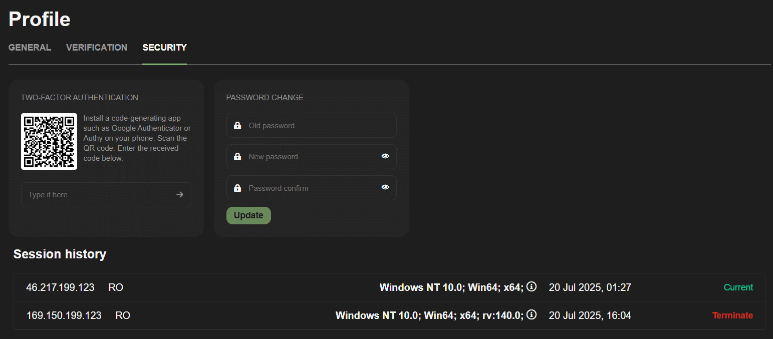 The session history inside the WillBet security tab on your profile page