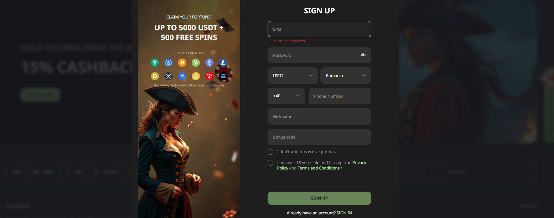 The sign-up form at WillBet.ai for account creation