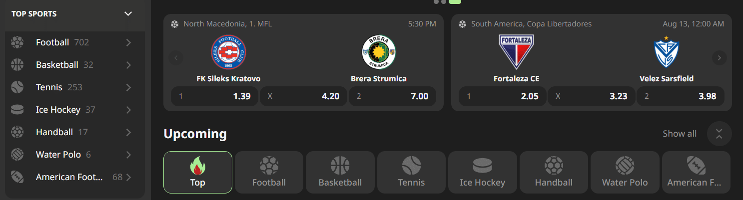 The top sports categories for betting at the WillBet sportsbook presented in the left-side menu