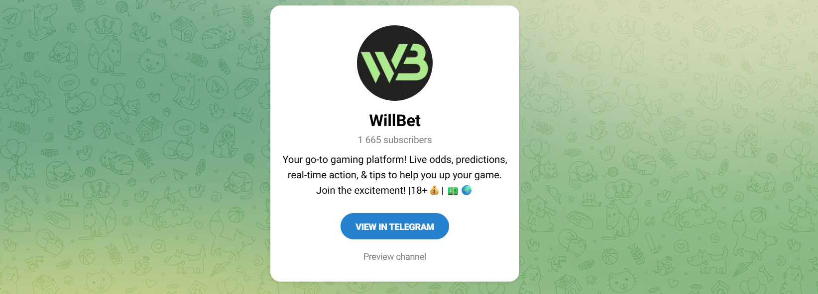 A screenshot of the WillBet telegram channel with its member count visible.