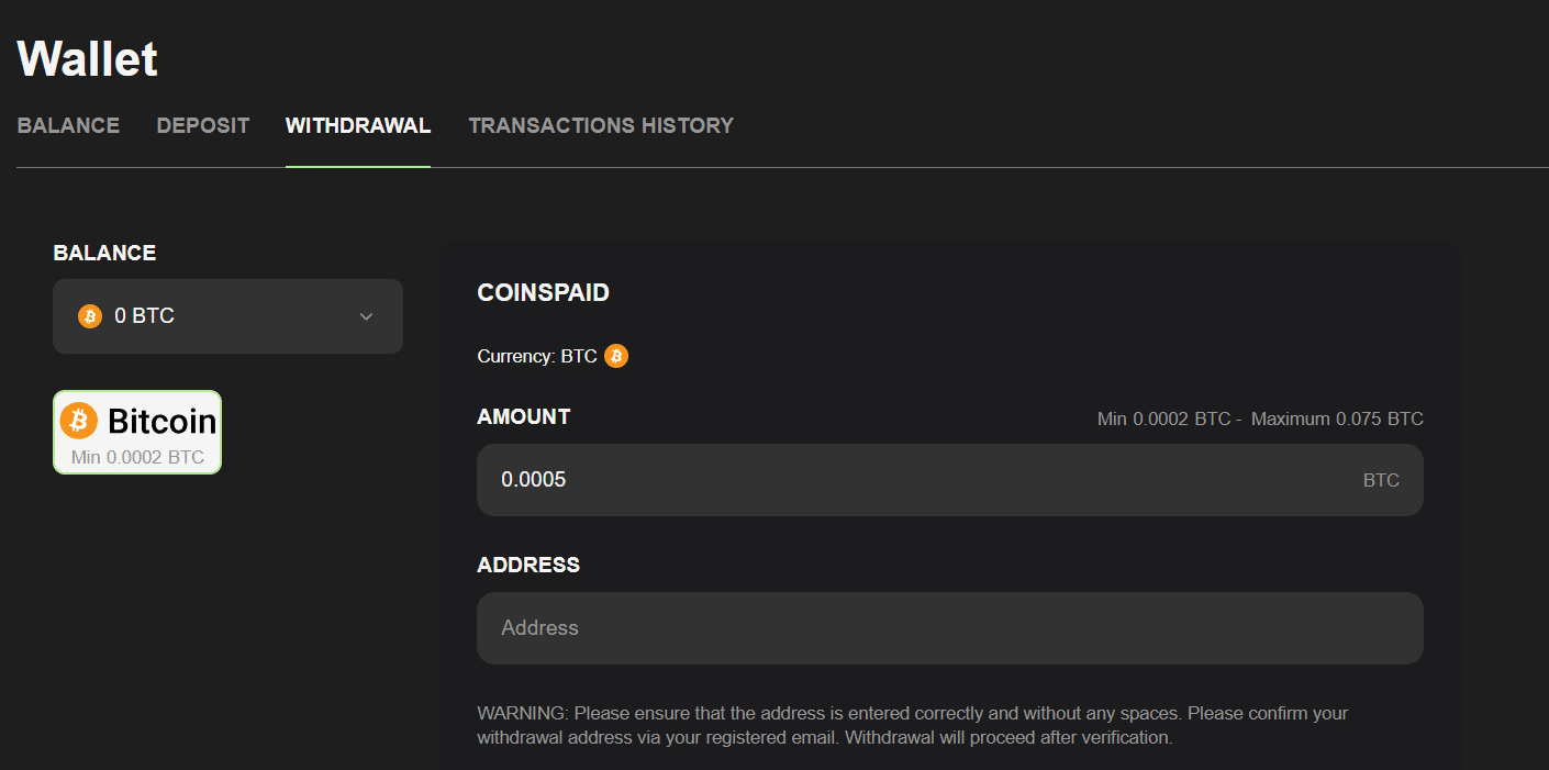 The withdrawal window in the WillBet payment page on your WillBet profile.