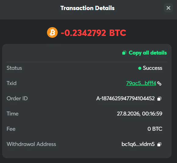 Screenshot of the withdrawal request with the time visible