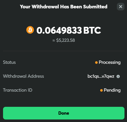 Screenshot of the withdrawal request with the time visible