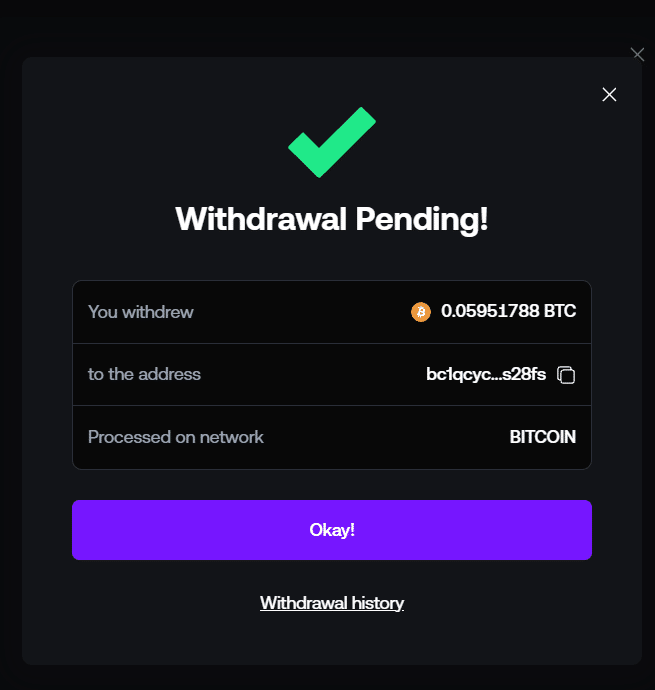 Screenshot of the withdrawal request with the time visible