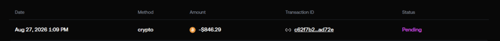 Screenshot of the withdrawal request with the time visible